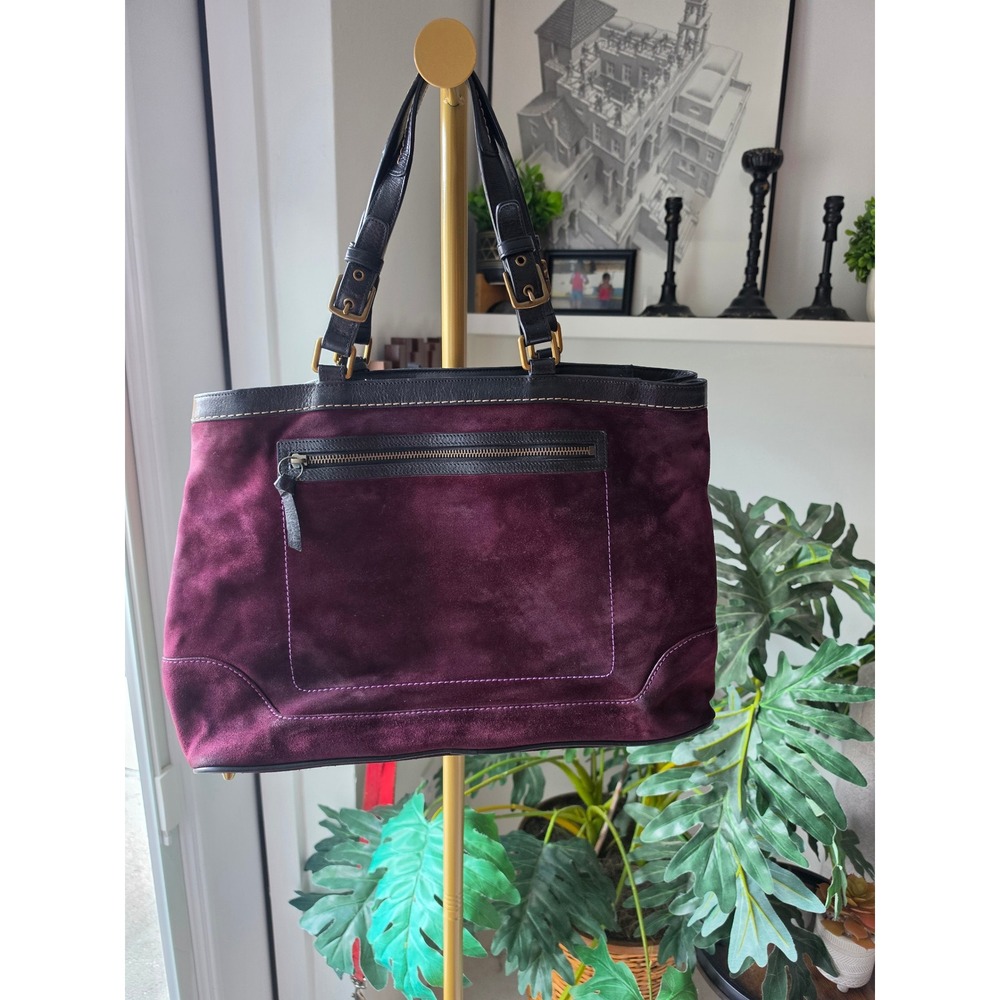 Vintage Coach Hampton Suede Leather Tote Bag Plum Purple Black Authenticated